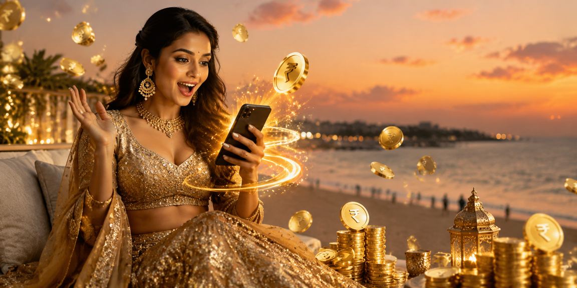 Indian woman enjoying casino bonus on mobile