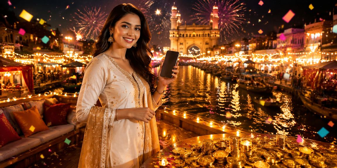 Woman checking lottery results near Charminar in Hyderabad