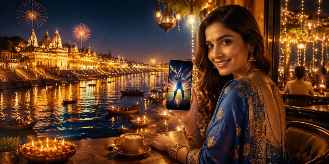 Scenic Varanasi Ghat with Diwali festival cricket betting